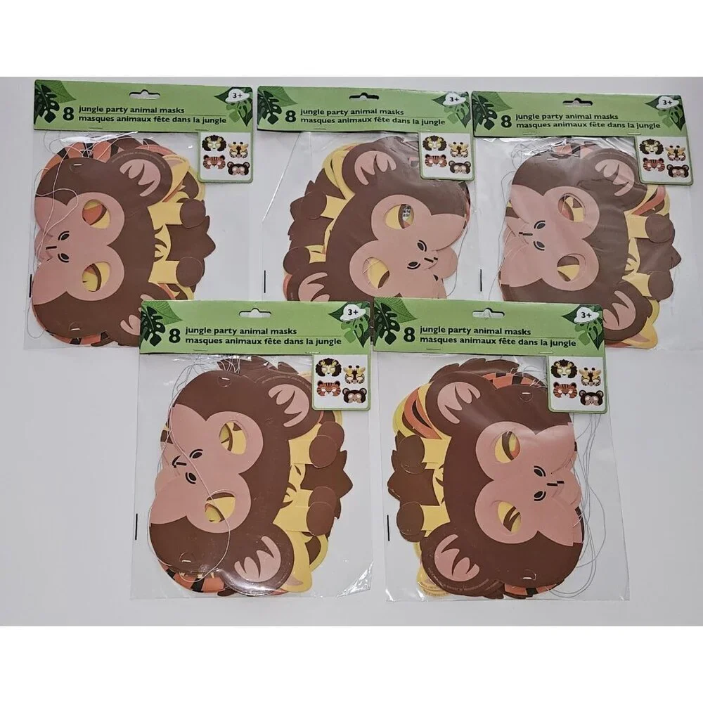 NEW 5 Pk Jungle Animal Paper Masks Lot Birthday Party Monkey Tiger Giraffe Lion